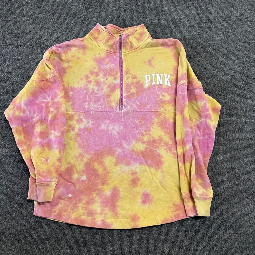 Pink Pullover Womens Size M Yellow Pink Tie Dye Fleece Quarter Zip Sweatshirt